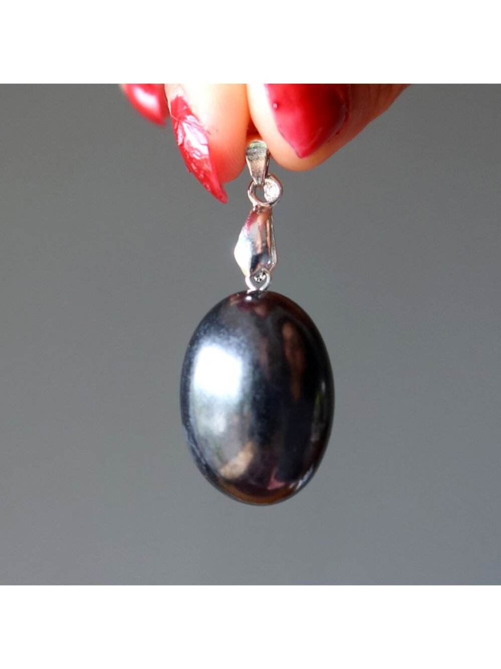 Shungite Pendant Energy Protection Egg-Shaped Black Stone on Silver Charm